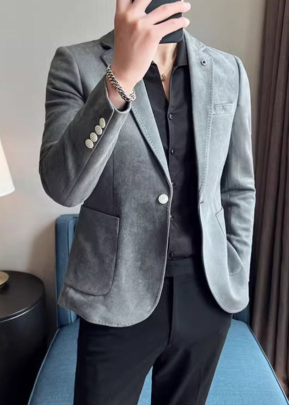 Men’s Premium Suede Texture Single-Breasted Blazer – Elegant One-Button Business Casual