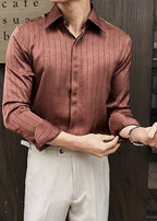 Men’s Luxury Textured Stripe Dress Shirt – Designer Pleated Slim Fit Long Sleeve Shirt