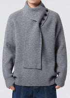 Men’s Buttoned Scarf-Collar Knit Sweater