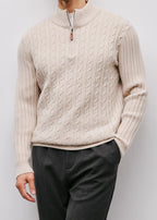 Men’s Half-Zip Cable Knit Sweater — Luxury Textured Stand Collar Pullover for Business & Casual