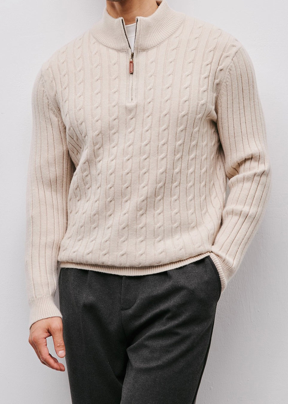 Men’s Half-Zip Cable Knit Sweater — Luxury Textured Stand Collar Pullover for Business & Casual