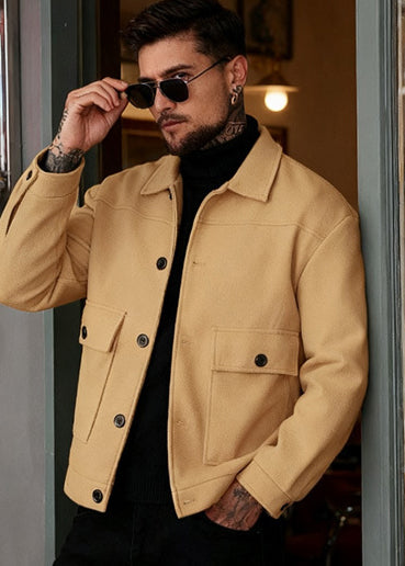 Men’s Casual Lightweight Wool-Blend Workwear Jacket – Button-Up Lapel Coat with Utility Patch Pockets