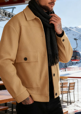 Men’s Casual Lightweight Wool-Blend Workwear Jacket – Button-Up Lapel Coat with Utility Patch Pockets