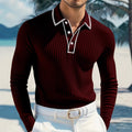 Men's Premium Vertical Ribbed Long Sleeve Polo Shirt - Slim Fit Business Casual Knitwear