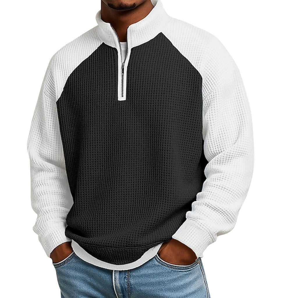 Men's Casual Color-Block Waffle Knit Quarter-Zip Pullover