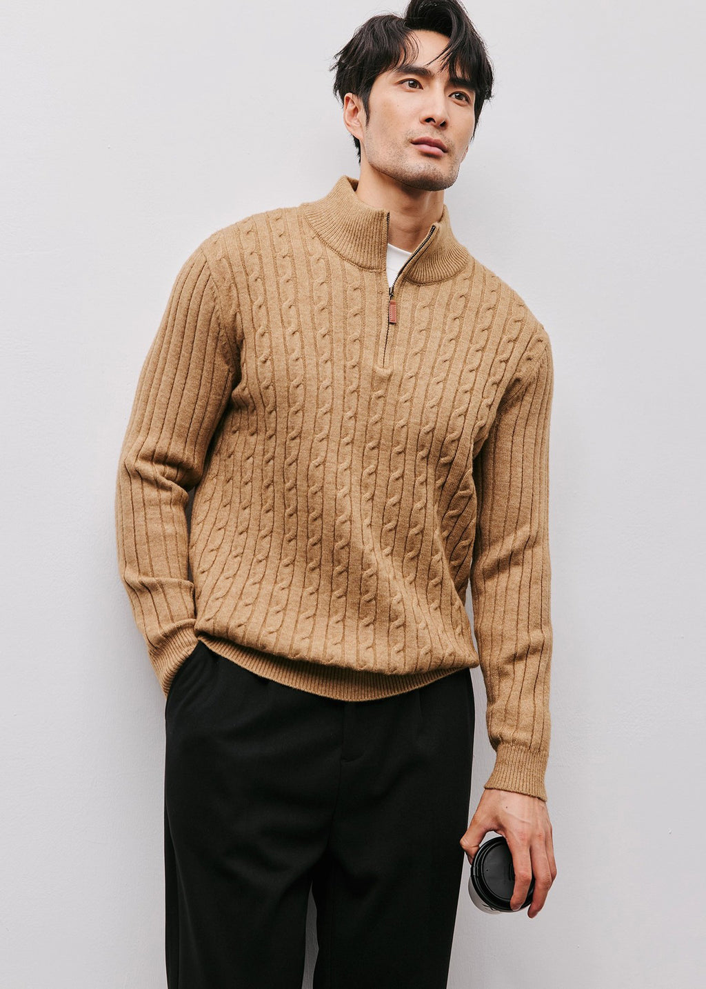 Men’s Half-Zip Cable Knit Sweater — Luxury Textured Stand Collar Pullover for Business & Casual