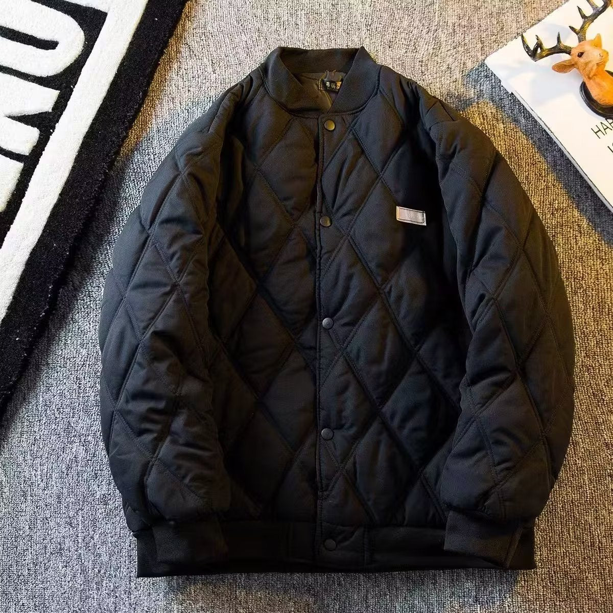 Diamond Quilted Stand-Collar Baseball Jacket