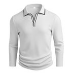 Men's Premium Vertical Ribbed Long Sleeve Polo Shirt - Slim Fit Business Casual Knitwear