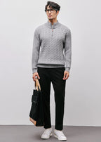 Men’s Half-Zip Cable Knit Sweater — Luxury Textured Stand Collar Pullover for Business & Casual