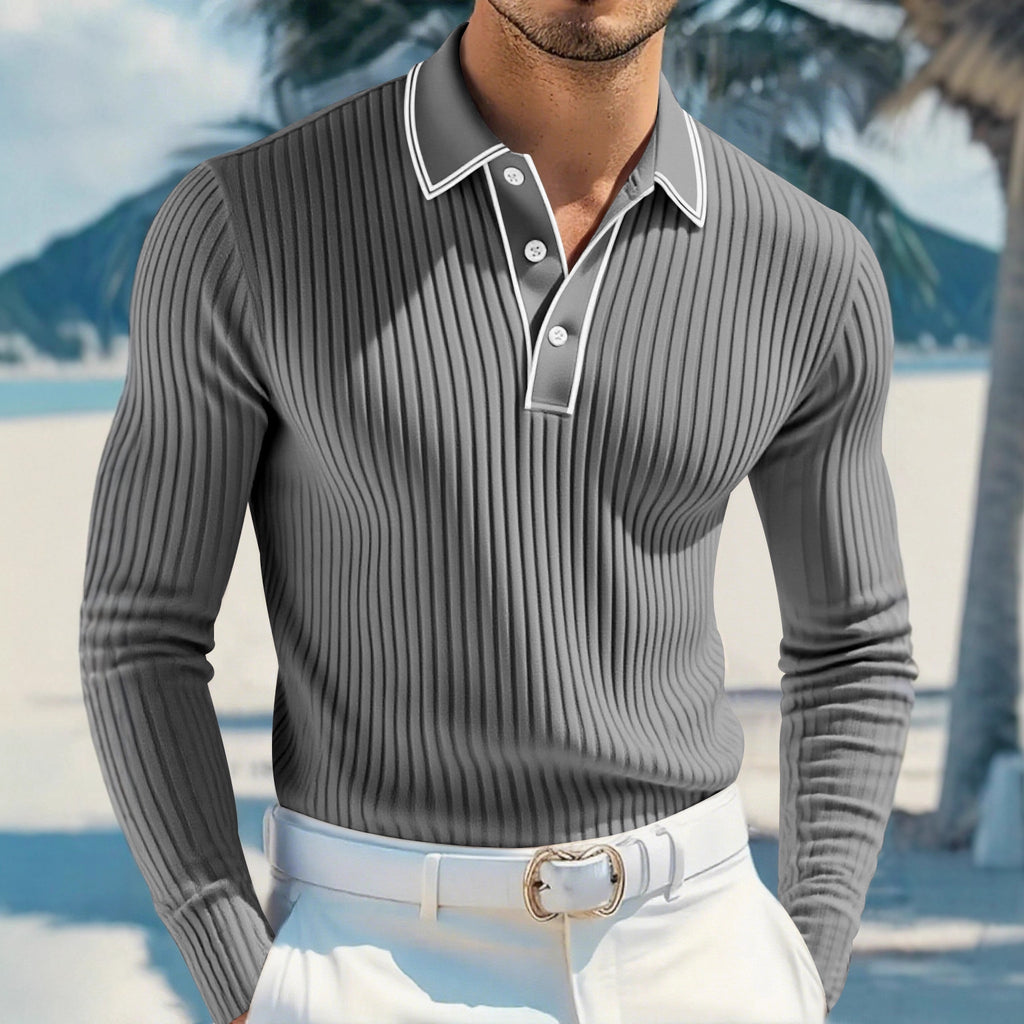 Men's Premium Vertical Ribbed Long Sleeve Polo Shirt - Slim Fit Business Casual Knitwear