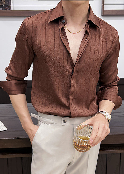 Men’s Luxury Textured Stripe Dress Shirt – Designer Pleated Slim Fit Long Sleeve Shirt