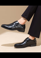 Men’s Embossed Leather Loafers – Slip-On Business Dress Shoes with Embroidered Detail