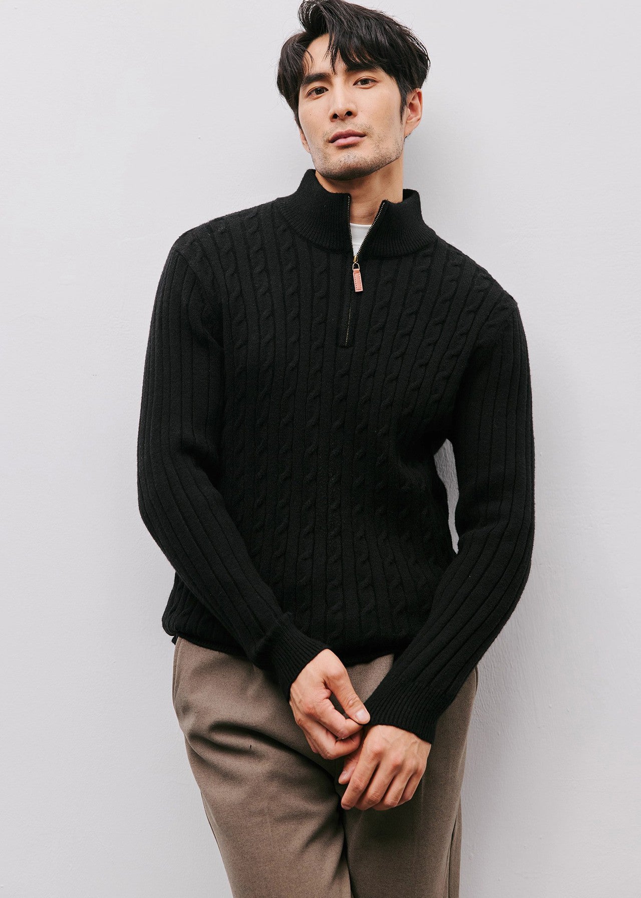 Men’s Half-Zip Cable Knit Sweater — Luxury Textured Stand Collar Pullover for Business & Casual