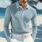 Men's Premium Vertical Ribbed Long Sleeve Polo Shirt - Slim Fit Business Casual Knitwear