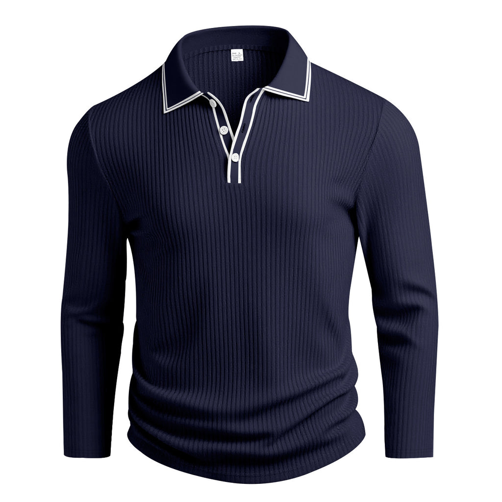 Men's Premium Vertical Ribbed Long Sleeve Polo Shirt - Slim Fit Business Casual Knitwear