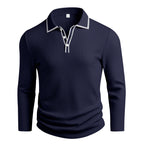 Men's Premium Vertical Ribbed Long Sleeve Polo Shirt - Slim Fit Business Casual Knitwear
