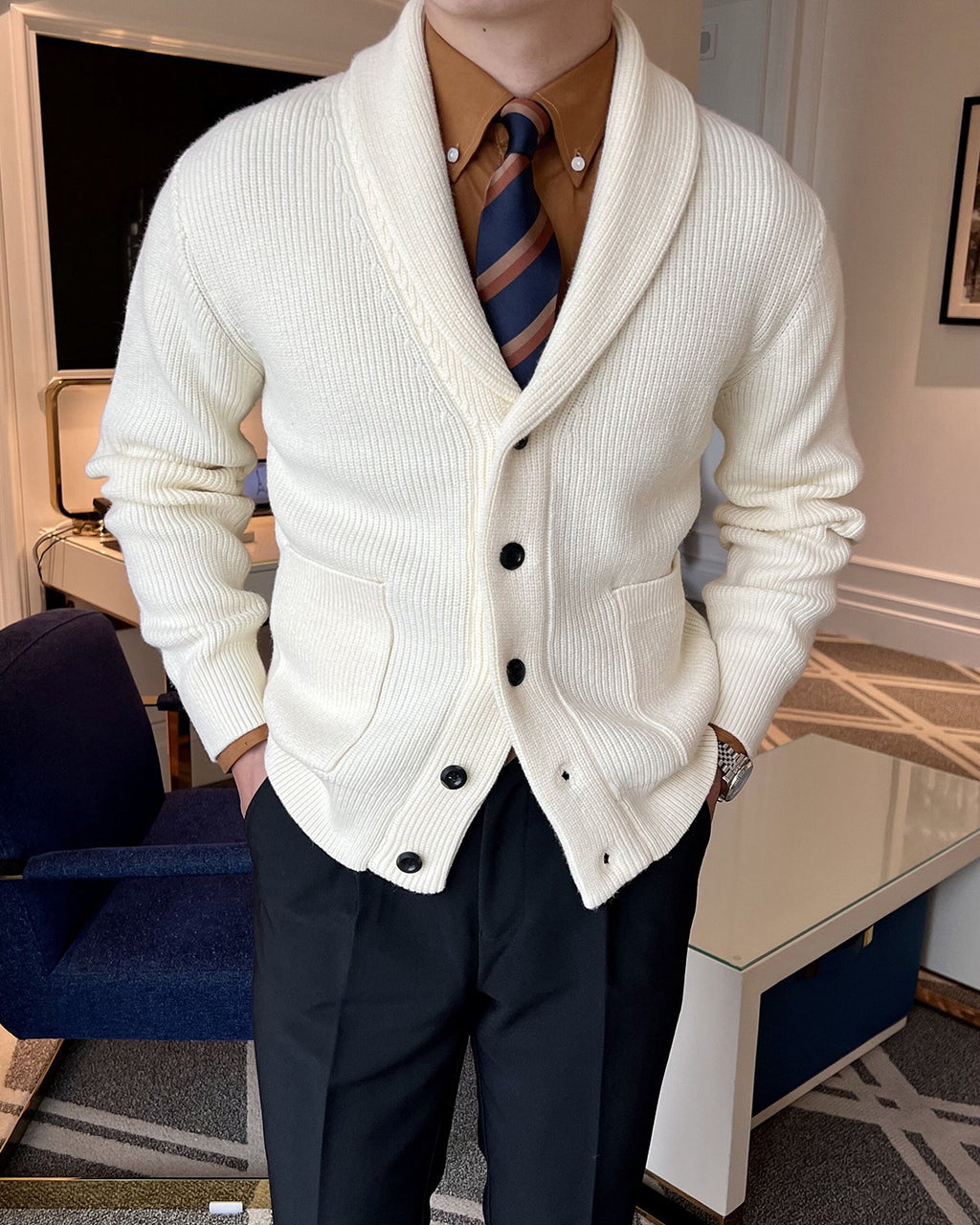 Shawl Collar Knit Cardigan for Men – Retro Business Casual Winter Sweater