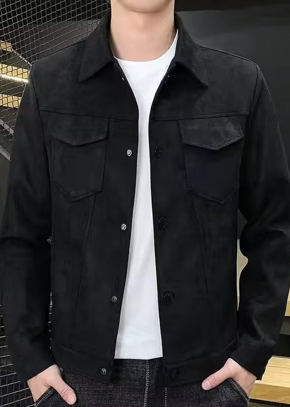 Men’s Suede-Style Jacket – Classic Faux Suede Lapel Outerwear for Spring & Autumn