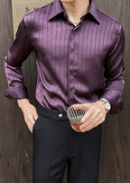 Men’s Luxury Textured Stripe Dress Shirt – Designer Pleated Slim Fit Long Sleeve Shirt