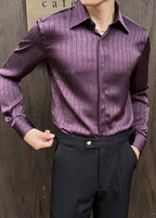 Men’s Luxury Textured Stripe Dress Shirt – Designer Pleated Slim Fit Long Sleeve Shirt