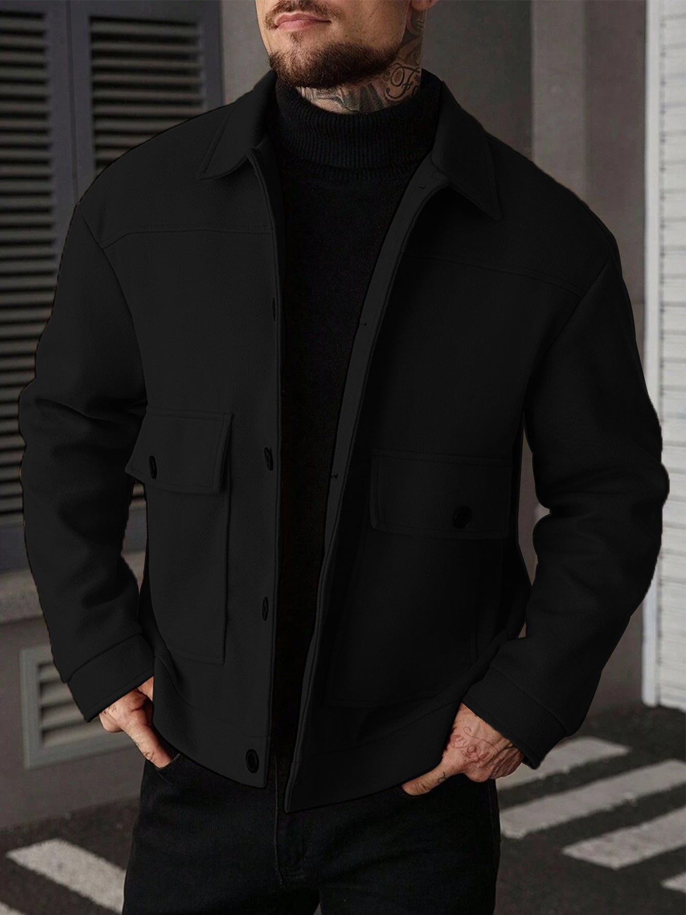 Men’s Casual Lightweight Wool-Blend Workwear Jacket – Button-Up Lapel Coat with Utility Patch Pockets