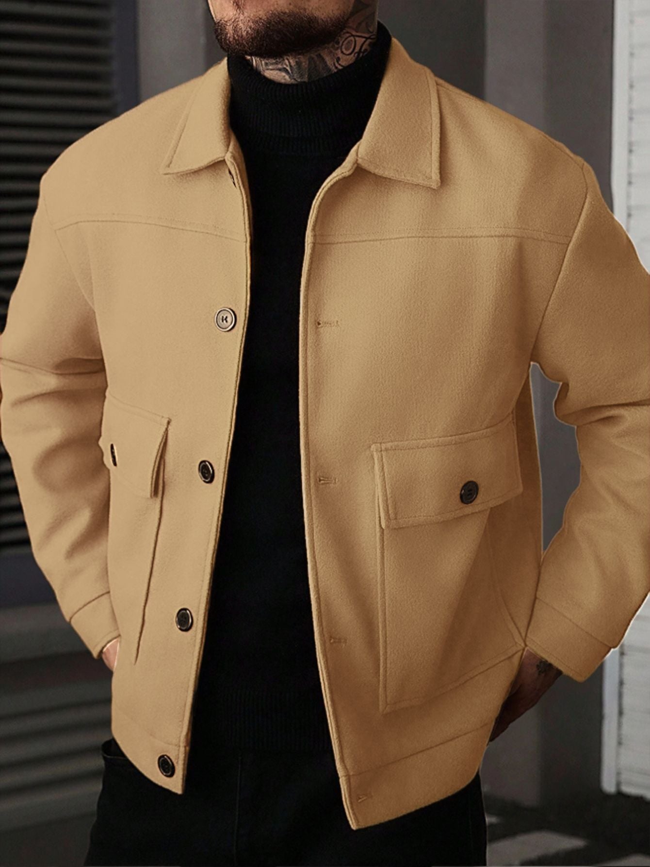 Men’s Casual Lightweight Wool-Blend Workwear Jacket – Button-Up Lapel Coat with Utility Patch Pockets