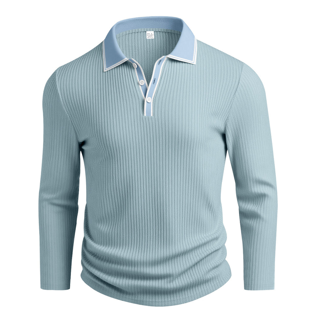 Men's Premium Vertical Ribbed Long Sleeve Polo Shirt - Slim Fit Business Casual Knitwear