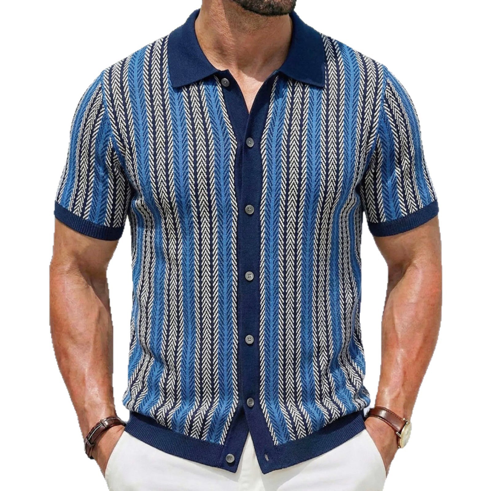 Men's Vintage Vertical Striped Knit Short Sleeve Cardigan