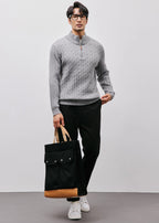 Men’s Half-Zip Cable Knit Sweater — Luxury Textured Stand Collar Pullover for Business & Casual