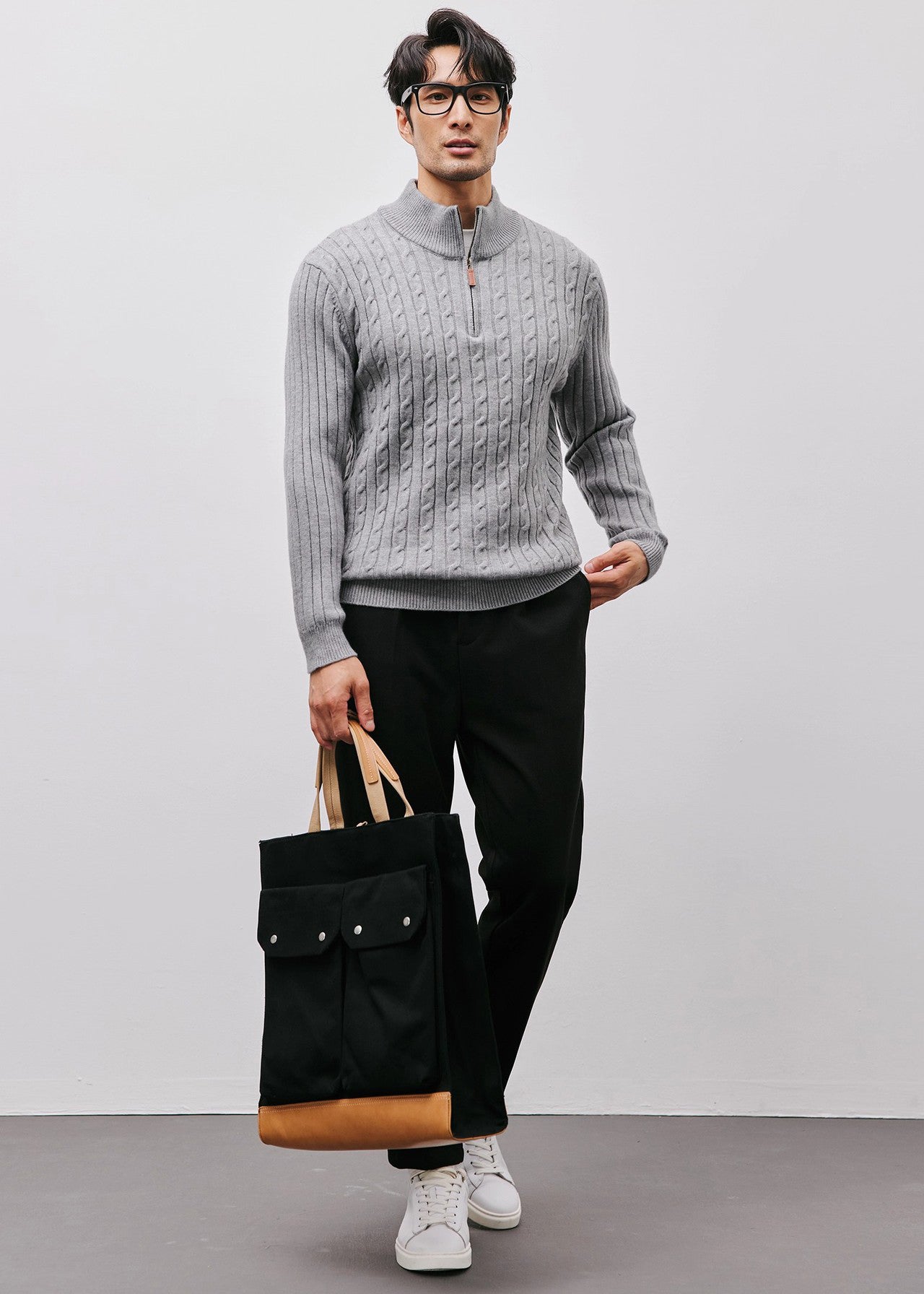 Men’s Half-Zip Cable Knit Sweater — Luxury Textured Stand Collar Pullover for Business & Casual