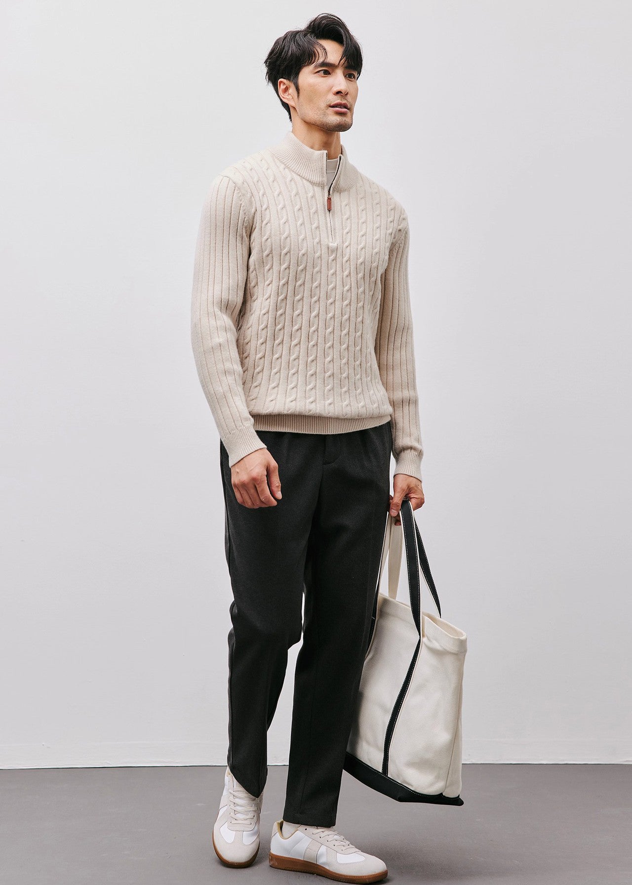 Men’s Half-Zip Cable Knit Sweater — Luxury Textured Stand Collar Pullover for Business & Casual