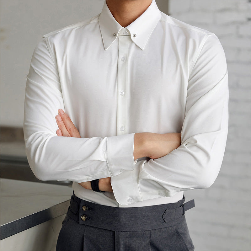 French-Inspired Imperial Collar Dress Shirt for Men – Long-Sleeve Anti-Wrinkle Elegant Point Collar Shirt