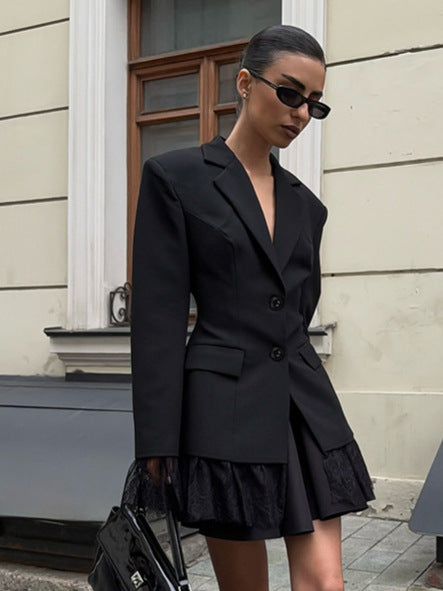 Elegant Lace-Trimmed Black Blazer