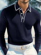 Men's Premium Vertical Ribbed Long Sleeve Polo Shirt - Slim Fit Business Casual Knitwear