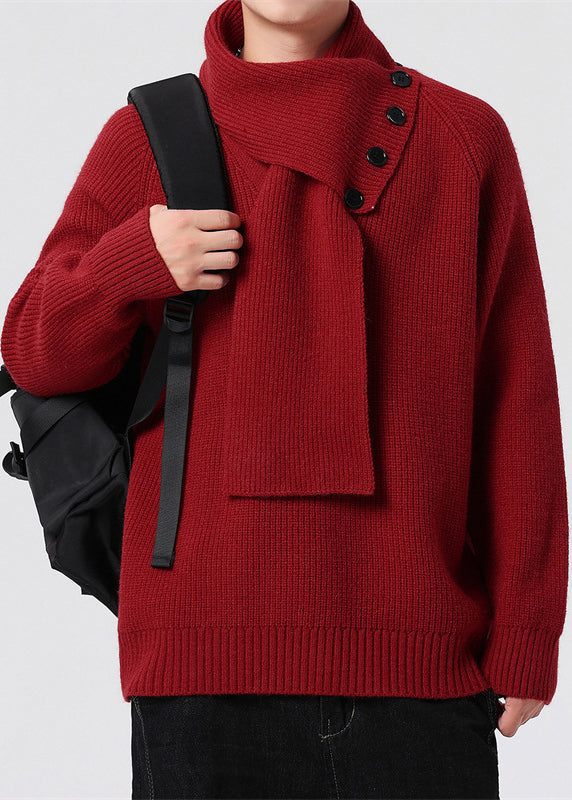 Men’s Buttoned Scarf-Collar Knit Sweater
