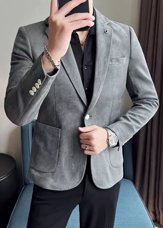 Men’s Premium Suede Texture Single-Breasted Blazer – Elegant One-Button Business Casual