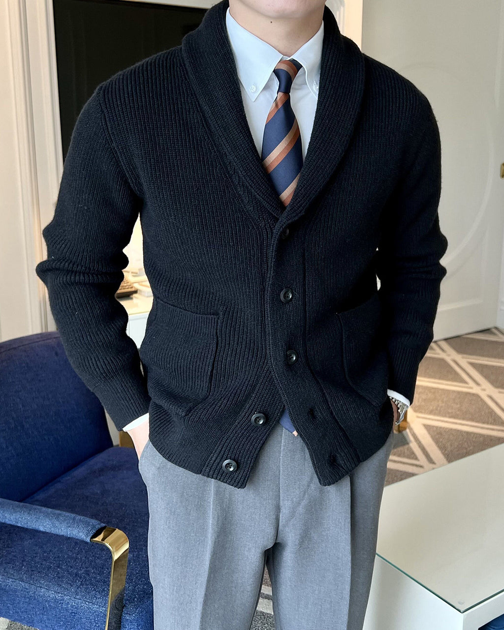 Shawl Collar Knit Cardigan for Men – Retro Business Casual Winter Sweater
