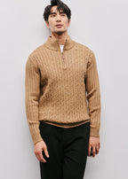 Men’s Half-Zip Cable Knit Sweater — Luxury Textured Stand Collar Pullover for Business & Casual