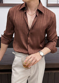 Men’s Luxury Textured Stripe Dress Shirt – Designer Pleated Slim Fit Long Sleeve Shirt