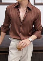 Men’s Luxury Textured Stripe Dress Shirt – Designer Pleated Slim Fit Long Sleeve Shirt
