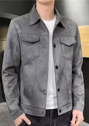 Men’s Suede-Style Jacket – Classic Faux Suede Lapel Outerwear for Spring & Autumn