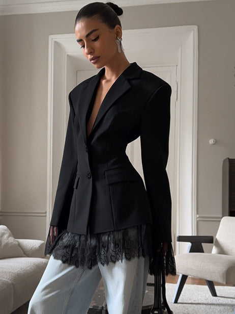 Elegant Lace-Trimmed Black Blazer