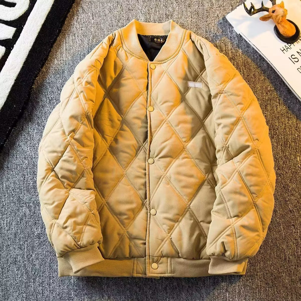 Diamond Quilted Stand-Collar Baseball Jacket