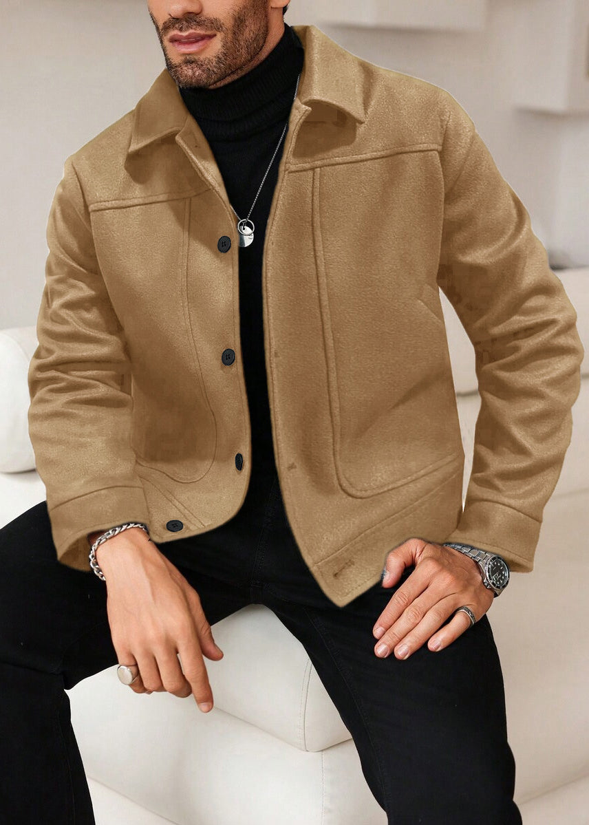 Men’s Retro Wool-Blend Button Jacket – Classic Lapel, Short Vintage Coat for Spring & Fall