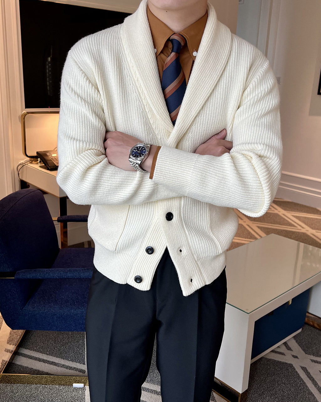 Shawl Collar Knit Cardigan for Men – Retro Business Casual Winter Sweater