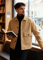 Men’s Casual Lightweight Wool-Blend Workwear Jacket – Button-Up Lapel Coat with Utility Patch Pockets