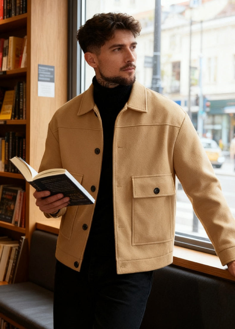 Men’s Casual Lightweight Wool-Blend Workwear Jacket – Button-Up Lapel Coat with Utility Patch Pockets