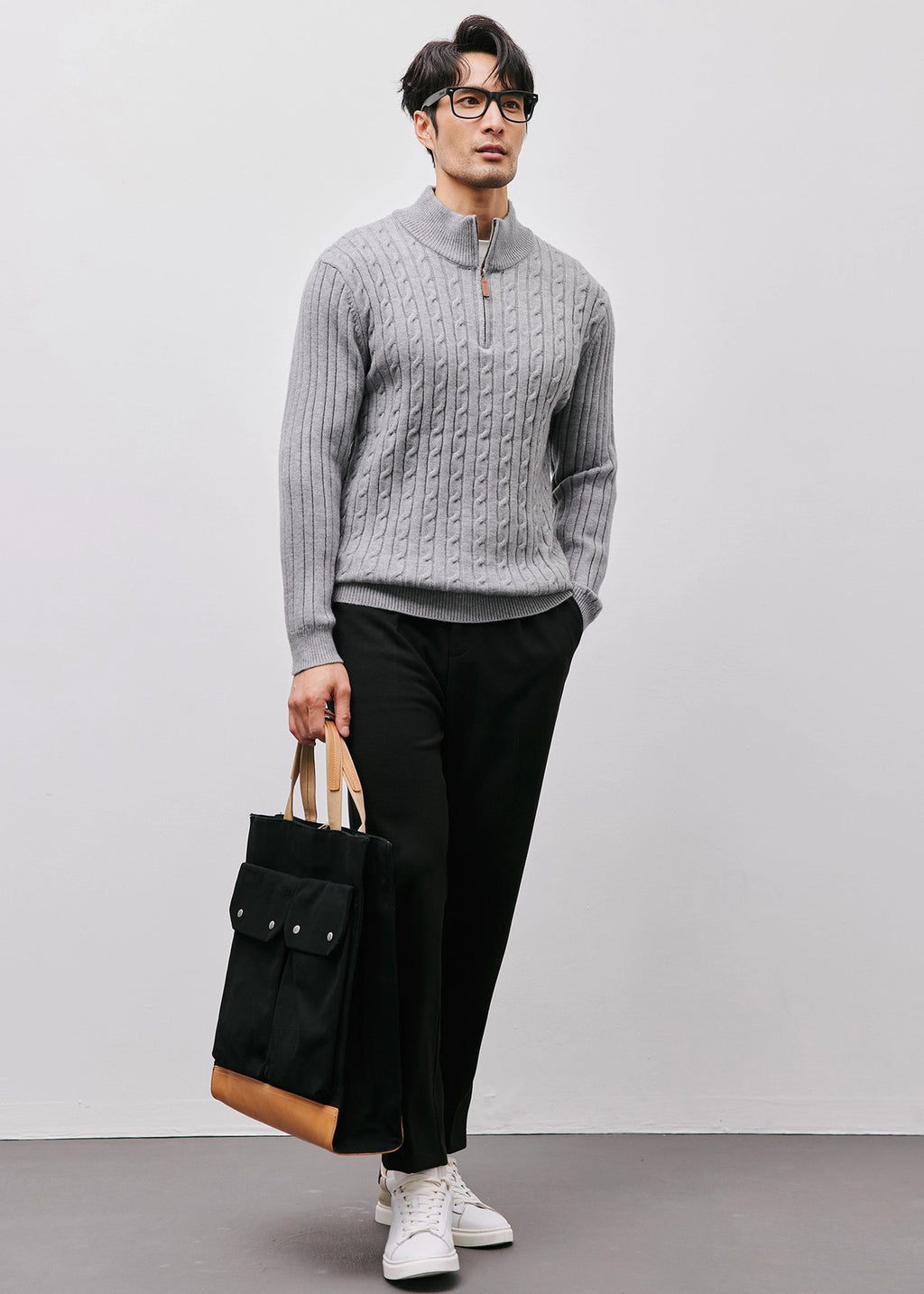 Men’s Half-Zip Cable Knit Sweater — Luxury Textured Stand Collar Pullover for Business & Casual