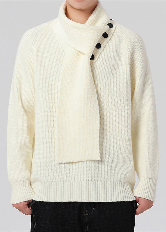 Men’s Buttoned Scarf-Collar Knit Sweater