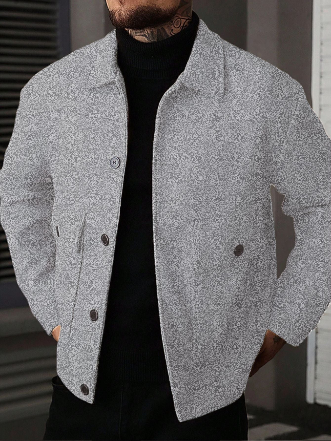 Men’s Casual Lightweight Wool-Blend Workwear Jacket – Button-Up Lapel Coat with Utility Patch Pockets